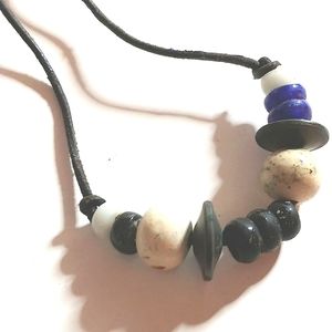 Vintage Bead Necklace Handmade Jewelry White Blue